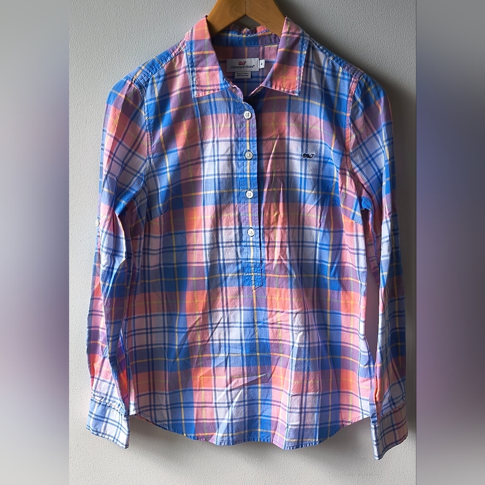 Vineyard Vines Beautiful Pink/Blue Plaid Button Down Top Nwot - Picture 2 of 5